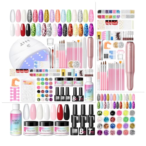 COSCELIA Acrylic Nail Kit for Beginners with Everything 4PC Gel Polish 3PC Acrylic Powder with Drill and U V Light 24 Colors Glitter Powder Complete Gel Manicure Kit Nail Stickers DIY Gifts for Women