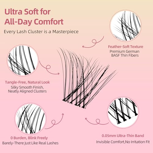 Natural Wispy Soft Lash Clusters with 0.05mm Invisible Band, C Curl 8-16mm, DIY Salon Effect Lightweight Lash Extensions, FayJoo AIRY 11 Lash Only