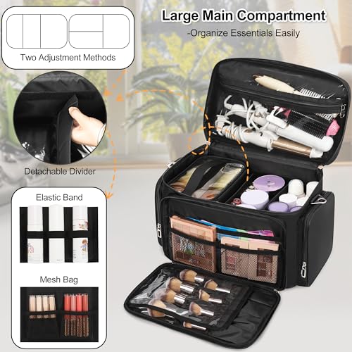TANTO Large Makeup Bag, Makeup Artist Bag Professional Cosmetic Bags with 2 Pouches & Detachable Dividers Travel Makeup Train Case Portable Makeup Brush Bag Organizer Storage with Shoulder Strap