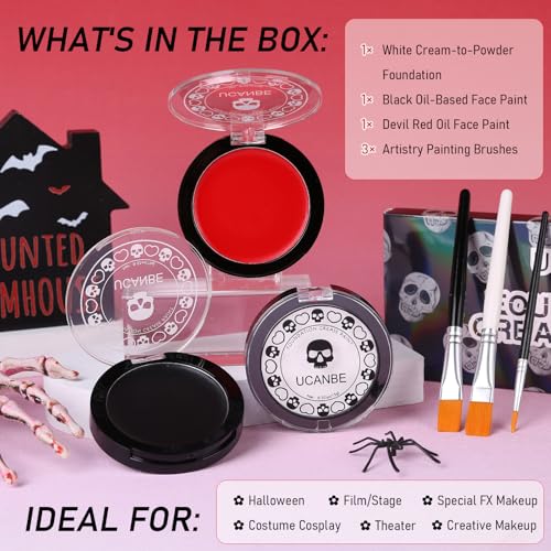 Goth White Foundation + Black Red Face Body Paint for Halloween Makeup, Face Painting Kit with Brushes Facepaint Set for Adults Clown Vampire Skull SFX Make Up Costume Cosplay Party Theater Stage