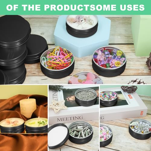 YQ 60 Pack 2oz Tins with Lids, Salve Tins Round Aluminum Tin with Lids, 2 oz Metal Tin Cans with Lid and Label, Refillable Black Containers for Balm,Beads,Weeds,Seeds,Salve,Spices and Homemade Candles
