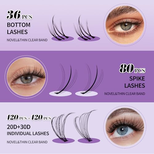 DIY Lash Extension Kit Lash Clusters With Bottom Lashes 20/30/40/50D 12-18mm Multi-types Individual Lashes Bond and Seal, Spike, Volume Lashes Kit Lash Applicator(20/30 Kit)