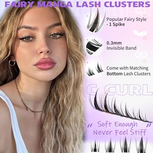 EYDEVRO Manga Lash Clusters Kit with Bottom Lashes Wispy Eyelash Clusters Kit 10-16mm Natural Fairy Cluster Lashes with Bottom Lash Clusters DIY Lash Extension Kit Clear Band Individual Lashes