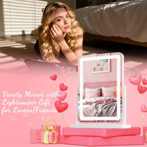 Suidia Vanity Mirror with Lights, 18"¡¿14" LED Makeup Mirror with Light, Smart Touch with 3-Color Lighting, 360¡ÆRatation for Vanity Desk Tabletop,White,Lamp Belt Style