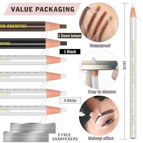 KAIQIKAIXI 6Pcs White Waterproof Eyebrow Pencils Makeup Set For Marking, Filling And Outlining, Tattoo Makeup And Microblading Supplies Kit-Hard Refills Are Easy To Color (White)