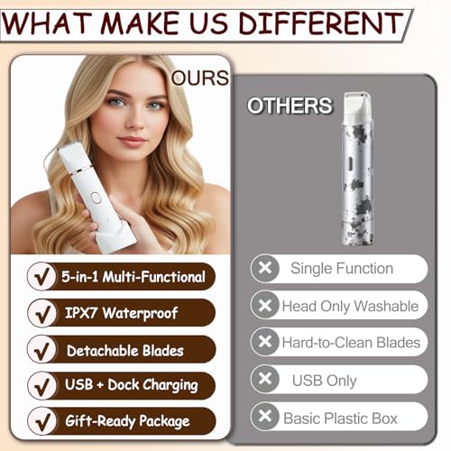 Bikini Trimmer for Women, 5-in-1 Electric Razors Shaver, IPX7 Waterproof Cordless Body Hair Trimmer, Rechargeable Facial & Pubic Hair Remover, Ceramic Blade Bikini Shaver, Gifts for Women (White)