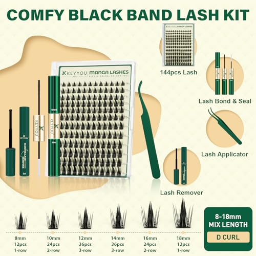 KEYYOU Manga Lash Clusters Kit 8-18mm Eyelash Clusters Kit DIY Lash Extension Natural Fairy Cluster Lashes 144pcs with Lash Bond Seal Remover Applicator Soft Thin Band(Faye)