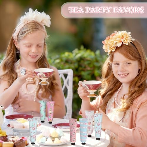 Tea Party Hand Cream Gift Set Wonderland Floral Tea Party Favor Flower Moisturizing Hand Lotion Bulk Dry Cracked Care Cream Teapot Favor Boxes Treat Gift Goodie for Baby Shower, 30 ml(24 Pcs)