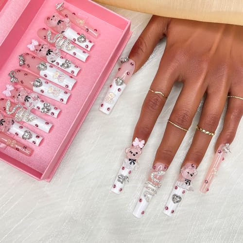 2025 Long Pmma Acrylic Handmade Nail Design Novelty with Rhinestone Bear Love Snake Design Glossy Nail, Reusable Nail Set with Box Gift for Women (White-pink, M)