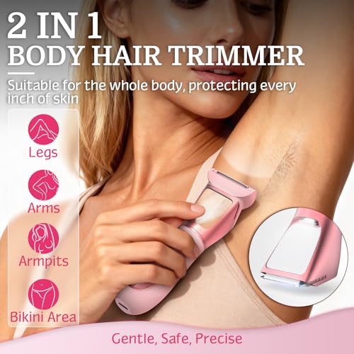 Bikini Trimmer for Women Men, 2 in 1 Electric Razors Shaver, IPX7 Waterproof Body Hair Trimmer with Mirror, LED Light & Display, Painless Pubic Hair Removal, Pink