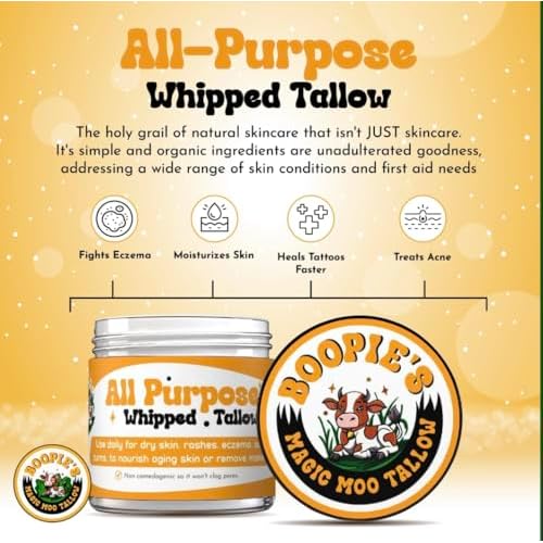 Magic Moo All Purpose Whipped Beef Tallow Skincare for Acne, Eczema, Dry Skin, Moisturizer, Stretch Marks & Hydration. Suet Tallow for Face with Organic Emu Oil. Contains All Organic Ingredients, 2oz