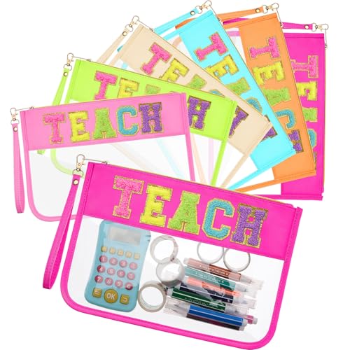 Kacctyen 6 Pcs Teach Bags Chenille Letter Clear Zipper Makeup Bags Teacher Appreciation Gifts Cosmetic Travel Pouch with Handle Gift for Teacher Retirement Women Thanksgiving day Christmas, Multicolor