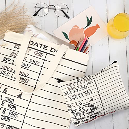 Sieral 6 Pcs Librarian Gifts for Women Library Book Tote Bag Due Date Cards Librarian Gifts Stamp Canvas Vintage Toiletry Bag Aesthetic with Zipper for Book Lovers Women Teacher Valentine