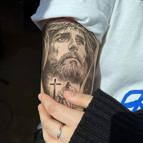 2 Sheets Temporary Tattoos Stickers Jesus Cross Religion Old School Designs For Men Waterproof Arm Leg Fake Body Art, Gym & Parties Bold Masculine Decals