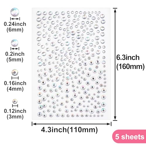 5 Sheets Self Adhesive Face Gems, Silver Rhinestone Stickers for Face, Stick on Pearls Jewels, Makeup Gems for Face, Hair, Eye, Nail, Body (3/4/5/6 mm)