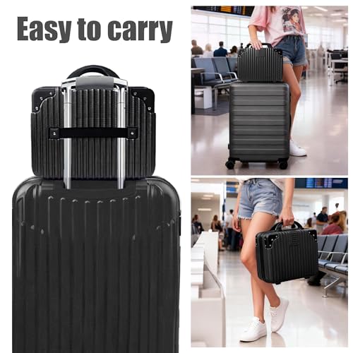 14 Inch Portable Makeup Travel Case Hand Luggage, Pressure-proof Carrying Makeup Case Suitcase with Elastic Band, Small Hard Case Toiletry Bag for Travel Camping Women Girl-Black
