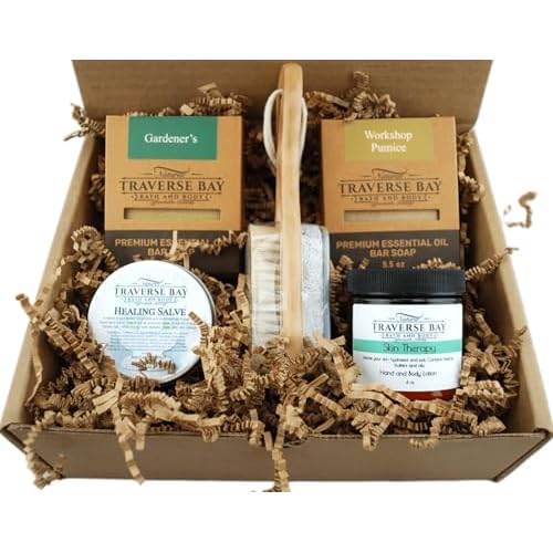 Gardeners Gift Box, Gardeners Soap, Workshop Pumice Soap, Long Handle Pumice Stone and Nail Brush, Hand and Body Lotion, 2 oz Tin Healing Salve. Great Valentines Day Gift!