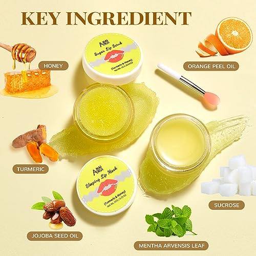 ANAI RUI Lip Care Kit, Lip Sugar Scrub Set, Lip Sleeping Mask & Lip Exfoliator Scrub, Overnight Lip Treatment, Lip Scrub For Dark Lips & Moisturizer for Dry, Chapped, Cracked, Lips, Turmeric