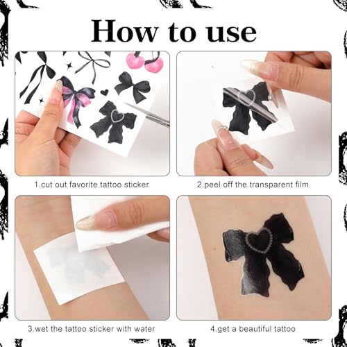 JarThenaAMCS 304Pcs Bow Temporary Tattoo Sticker Black Bowknot Cherry Fake Tattoo Coquette Bachelorette Birthday Party Favor for Body Art Decor Game Gift, 8 Sheets