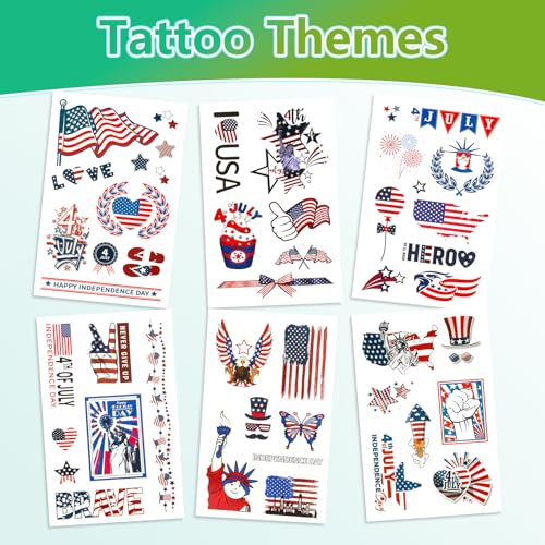 USA Flag Glow in the Dark Temporary Tattoos - Patriotic, USA Accessories, American Flag with Face - Individually Wrapped, Themed Designs, Waterproof Fake Tattoos