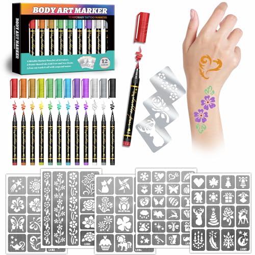 Temporary Tattoo Markers for Kids and Adults, 12 Metallic Markers and 155 Tattoo Stencil Designs, Cosmetic Tattoos Pens for Party Favor Gift and Face Painting