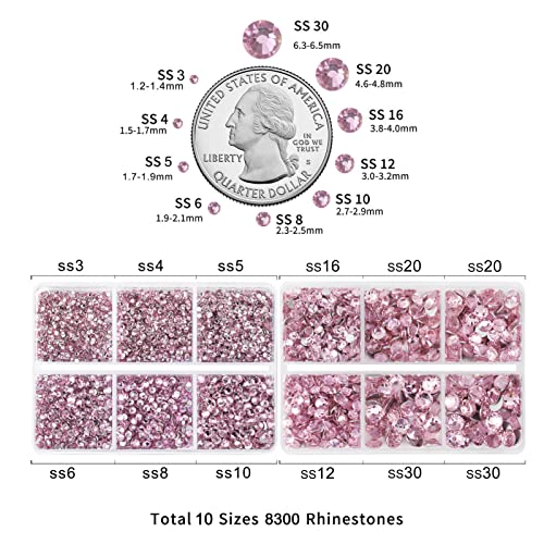 Beadsland 8300PCS Flatback Rhinestones, Pink Rhinestone Round Crystal Rhinestones for Crafts, Mixed 10 Sizes with Wax Pencil and Tweezer Kit, SS3-SS30, Light Rose/Light Pink
