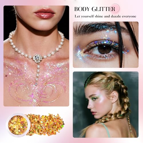 Body Glitter Face Glitter, 12 Colors of Chunky Glitter Gel Holographic for Women, Suitable for Body/Face/Hair/Eyes, Carnival Party