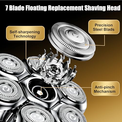 7 Blade Floating Replacement Shaving Head, Washable Shaver Blade Heads Compatible with Free*bird, Universal Replacement for Head Shaver, Wet & Dry for Rotary Shavers with 2 Cleaning Brushes (3 Pcs)