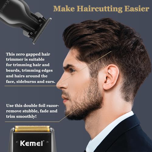KEMEI Professional Hair Trimmer for Men Cordless, Foil Shaver with Replacement Heads & Nets, Zero Gapped Hair Clippers with T Blade, Electric Head Shavers for Bald Men, KM 2299, KM 1102