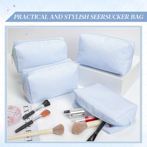 Sanwuta 6 Pcs Seersucker Cosmetic Bags Bulk Seersucker Makeup Bags Stripe Women Pouch Large Preppy Storage Pouch Toiletry Travel Organizer for Wedding Bridesmaid Bride Favor Mom Gift (Blue)
