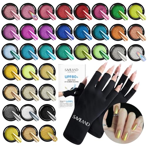 SAVILAND 36 Colors Mirror Chrome Nail Powder Set with UPF80+ U V Gloves for Nails