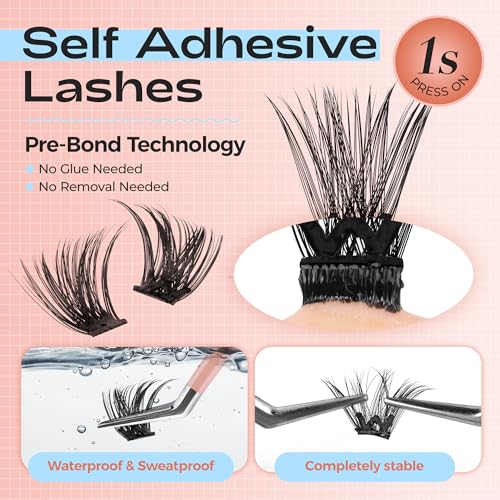 POPUP Self Adhesive Eyelashes 144Pcs D Curl Self Adhesive Lash Clusters Press on Lashes No Glue and Remover Needed Reusable Wispy Pre Glued Eyelashes with Tweezers for Beginners (ZN56)