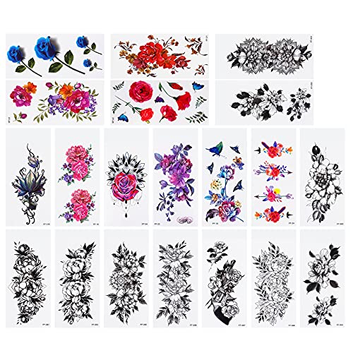 20 Sheets Temporary Tattoos Mixed Style Mixed Color Rose Flowers Collection for Women Men Kids Body Art