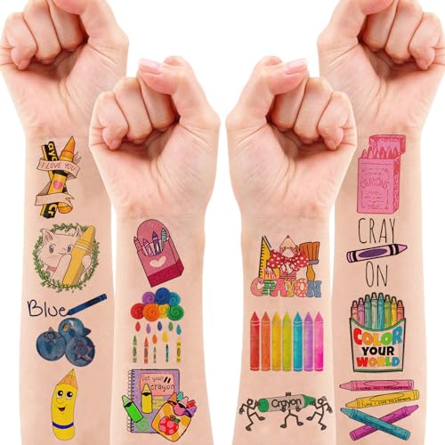 94 PCS Back To School Funny Art Crayon Temporary Tattoos Sticker Crayon Painting Birthday Party Decorations Favors Supplies Gifts Boys Girls Baby Shower Cute Tattoo School Prizes Reward Themed