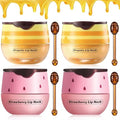 4PCS Strawberry & Bee Lip Balm Honey Pot, Vitamin E & Moisturizing Propolis Sleeping Lip Mask, Effective Reduces Lip Lines Prevention Dry and Cracked Scrubs Exfoliator Smoothing Dry Lip Care