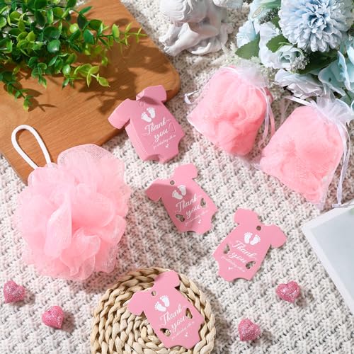 24 Sets Baby Shower Favors for Guests Include Bath Sponge Loofahs, Thank You Cards, White Organza Bags for Baptism Baby Shower Gender Reveal Birthday(Pink)