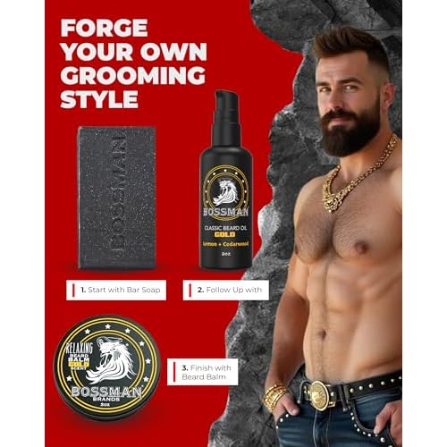 Bossman Starter Beard Kit for Men ? Beard Oil (2 oz), Beard Balm & Bar Soap ? Natural & Organic Grooming Kit ? Made in the USA Men Gift Set (Gold Scent)