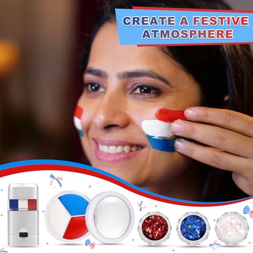 19 Pcs Red White Blue Face Paint Kit Patriotic Stripe Fan Brush Stick 3 Color Face Glitter Powder Stencil Stickers with Makeup Brush Independence Day Face Painting Kit for Memorial Day Party Favors