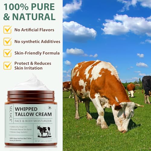 Beef Tallow for Skin, Tallow and Honey Balm (4.2 oz) - Whipped Grass-Fed Beef Tallow for Face - Deeply Hydrating Tallow Face Moisturizer for Body - All-Natural Organic Balm with Honey & Beeswax