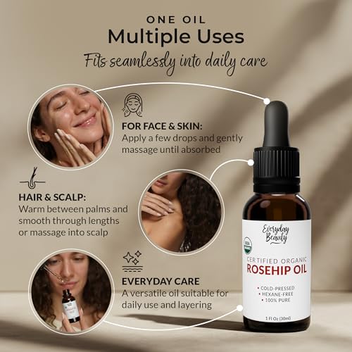 Organic Rosehip Seed Oil | 100% Pure, Cold-Pressed, Unrefined | USDA Certified Organic | Amber Glass Bottle with Glass Dropper | For Face, Skin & Hair - 1 Fl Oz