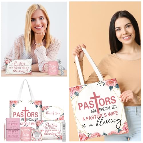 8 Pcs Pastor's Wife Appreciation Gifts Set Includes Leather Journal Pen Handbag Makeup Bag Mug Natural Stone Bracelet Bookmark Christian Faith Religious Gifts Mother's Day Thank You Gift