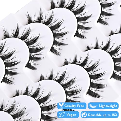 Manga Lashes Anime False Eyelashes Cat Eye Lash Strips Manhua Eye Lashes Natural Look Doll Spike Wispy Fake Mink Lashes Fluffy Eyelash Pack 8 Pairs 8-15mm Short Manhwa Pesta?as for Women