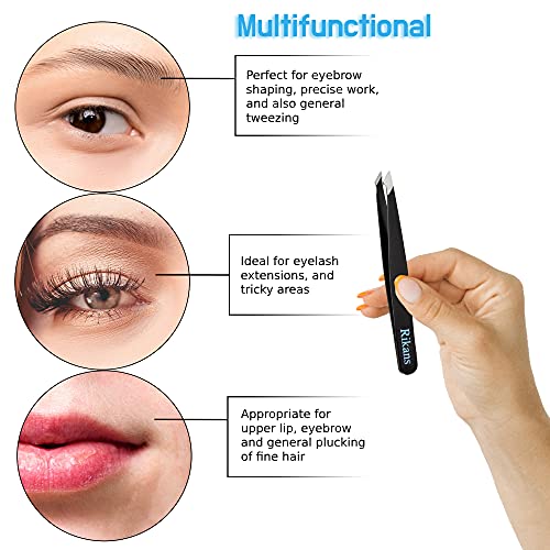 Rikans Precision Tweezers Set ? Pack of 4 Black Professional Tweezers ? Handy Carry Pouch ? Superior Stainless Steel Tweezer Set ? Splinters, Eyebrows, Facial or Ingrown Hair ? Blackheads Remover