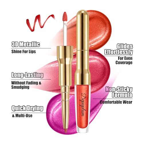 Red Metallic Lipstick and Lip Liner Combo Makeup 2-in-1 Shimmer Glitter Lipsticks for Women Metallic Lip Gloss Stain Waterproof Smudgeproof Long Lasting Lipsticks (GB26 One Kiss) | long lasting, metallic, waterproof, smugeproof, shimmer