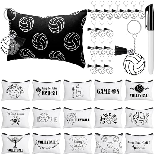 33 Pcs Valentines Day Volleyball Party Favors Include 16 Volleyball Makeup Bag Canvas Cosmetic Bag 16 Acrylic Keychain with a Marker for Birthday Team Lover Gift Filler