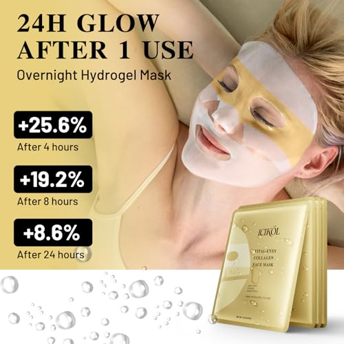 Collagen Face Mask with 24K Gold & Snail Mucin, Extra Eye Care Hydrogel Mask for Age-Defying & Skin Glowing, Overnight Elasticity Repair, 37g x 4 Sheets