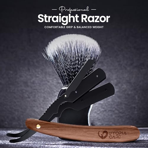 Utopia Care Straight Razors For Men, Professional Barber Straight Edge Razor with 100 Single Edge Blades, Stainless Steel, Beard Shaving Kit For Men, Premium Smooth Natural Wooden Grip, Dark Brown