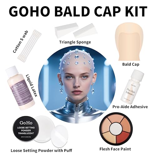 Go Ho Halloween Professional Bald Cap SFX Kit - Complete 8-Piece Makeup Set with Latex (30ml),Water Based Acrylic Adhesive(10ml),6 Colors Flesh Palette,Loose Setting Powder,Bald Cap&Applicators