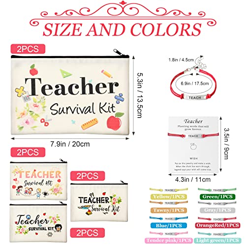 Frienda 16 Pieces Appreciation Present Gifts Set, 8 Survival Kit Makeup Bag Makeup Pouch Cosmetic Bag, 8 Blessing Card Bracelet