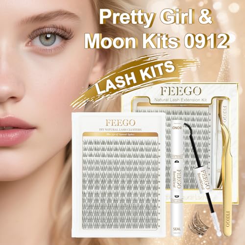 FEEGO Natural Lash Extension Kit 168Pcs Lash Clusters Kit Wispy Eyelash Extensions Individual Lashes Extensions with Bond and Seal Lash Glue and Eyelash Extension Tweezers DIY (9-12 MM)